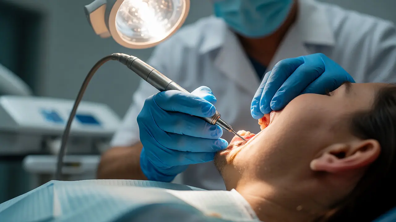 Zubní lékař provádí hloubkové čištění kořenů ultrazvukem